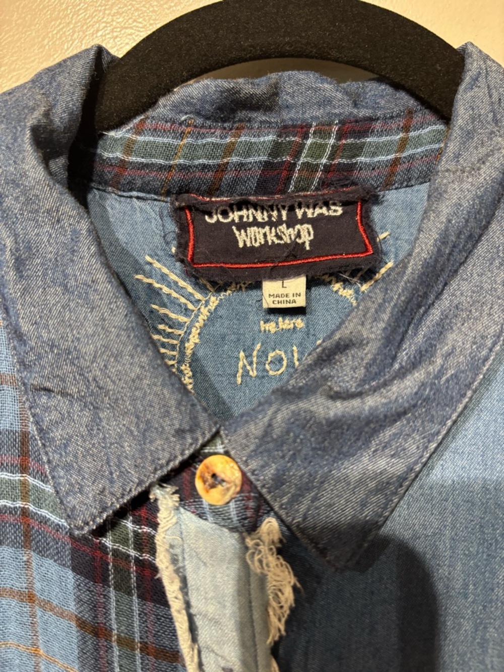 Johnny Was Workshop Blue Patchwork Denim & Plaid Button-Down - Picture 2 of 15